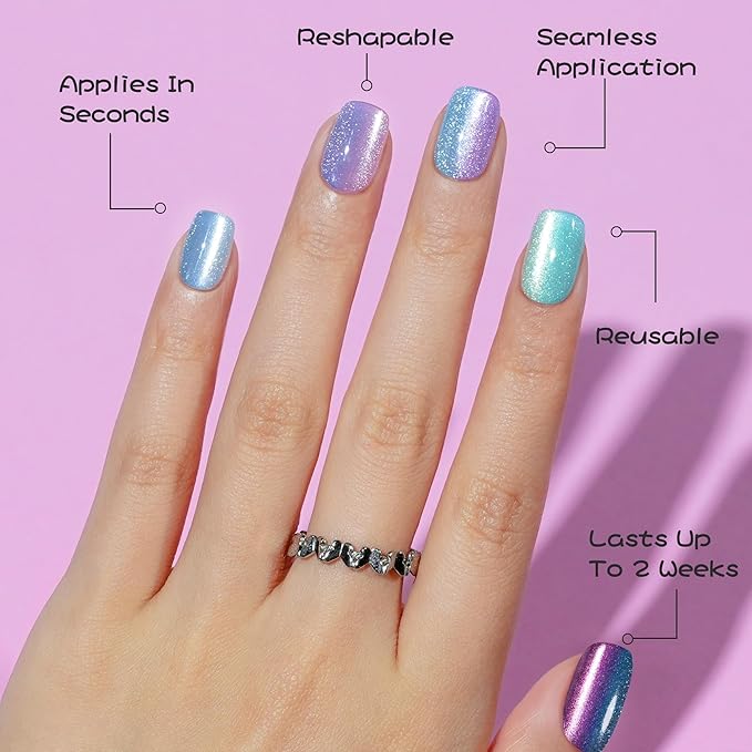 Cat Eye Press on Nails Short - 5 Styles Unique Two-color Ombre Cat Eye Press on Nails, Bt Art Box Press On Nails, Soft Gel x Coat Nails False Nails in 16 Sizes - 160 PCS Soft Glue On Nails Kit