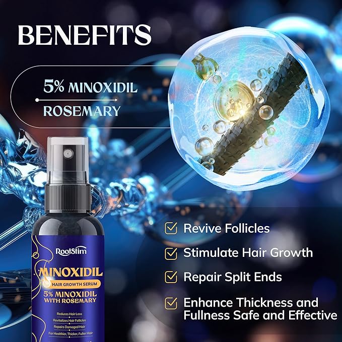 5% Minoxidil Hair Growth for Men and Women: 3-Pack RootStim Extra Strength Minoxidil with Rosemary for Thinning Hair Regrowth and Fuller Hair 180 ML