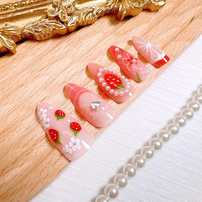 24Pcs Cute Strawberry Press on Nails Medium Almond Fake Nails with Pearl Rhinestone Stick on Nails Full Cover Pink French Tip Acrylic Nails Reusable Fall Flower False Nail Tips for Women Nail Design
