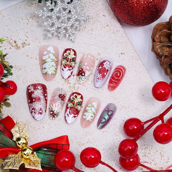 30Pcs Christmas Press on Nails Medium Almond Fake Nails with 3D Gold Bells Rhinestones Designs Holly Leaf French Tip Stick on Nails White Snowflake Reindeer Christmas Tree Winter False Nails for Women