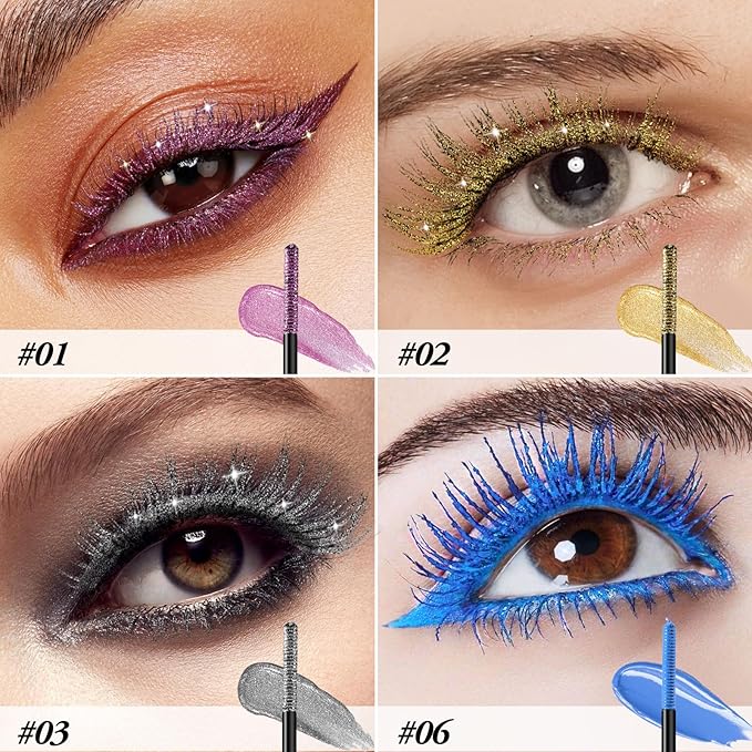 Colored Fiber Mascara, Waterproof Long Lasting Eyelash Mascara, Glitter Eyeshadow And Brow, Volume And Length, Sparkle Eye Makeup