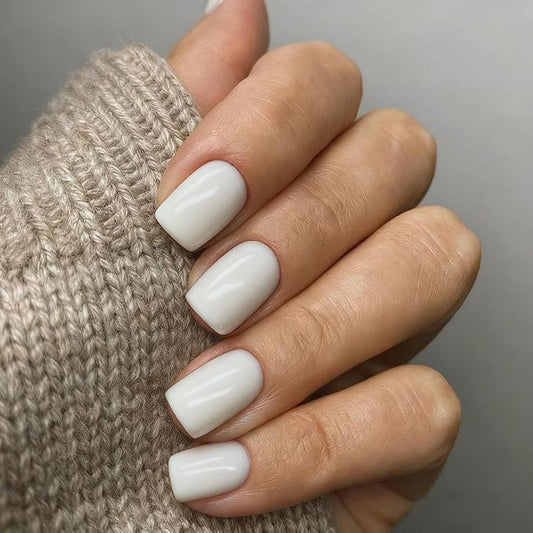 48Pcs White Press on Nails Short Square Fake Nails Glue on Gel Nails Press ons, Acrylic False Nail Stick on for Women, Natural Handmade Thick Extra Short Nail Small Petite