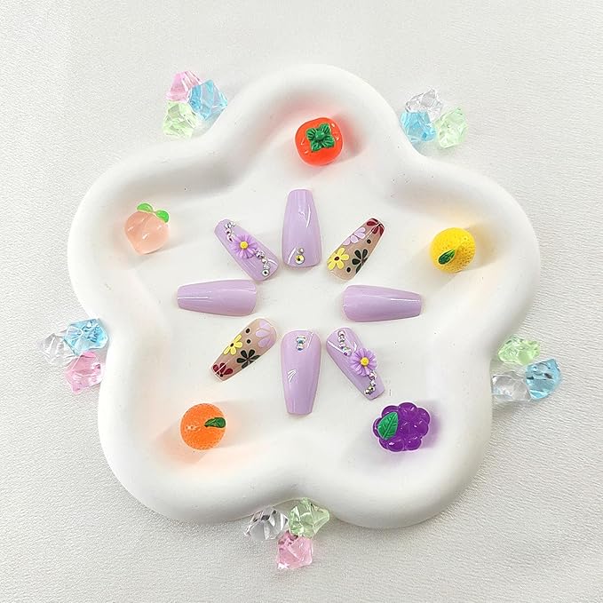 Coffin Press on Nails Medium False Nails Glossy Glue on Nails with 5D Flower Rhinestones Design Floral Coffin Nails Press ons Purple Full Cover Fake Nails Cute Stick on Nails for Women 24Pcs