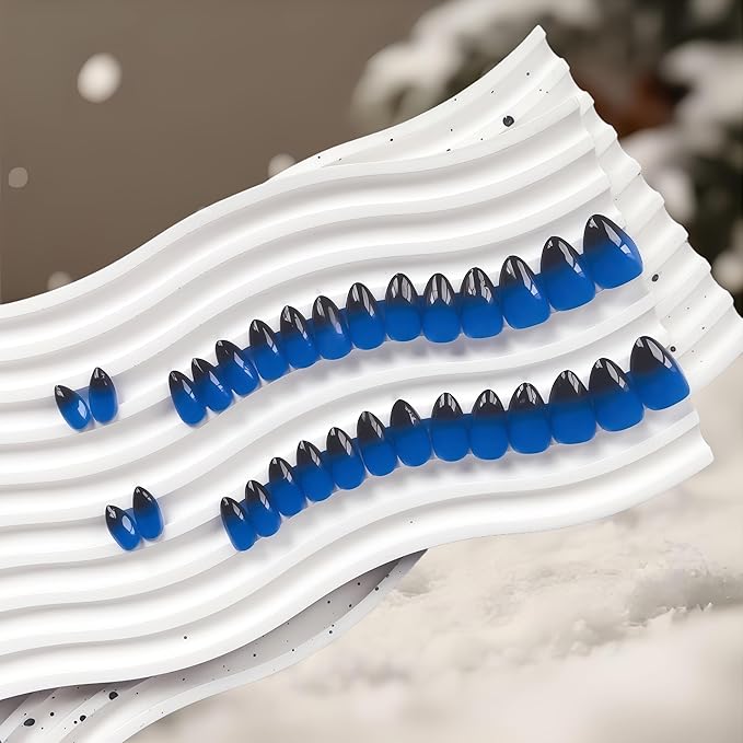 KQueenest Blue Black Press On Nails Short Almond, Ombre French Press On Nails with Glue, Dark Fake Nails Press ons, Soft Gel Glue on Nails with Gradient Design for Women Goth Decoration, 30 Pcs