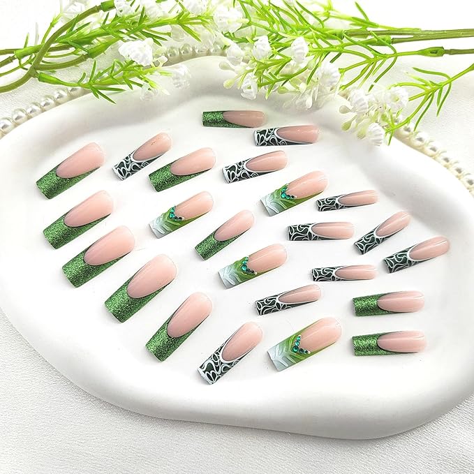 French Tip Press on Nails Square Extra Long Gradient Acrylic Nails Press ons with Lines Rhinestones Design Water Ripple Glue on Nails Green Glitter Fake Nails Transparent False Nails for Girls 24Pcs