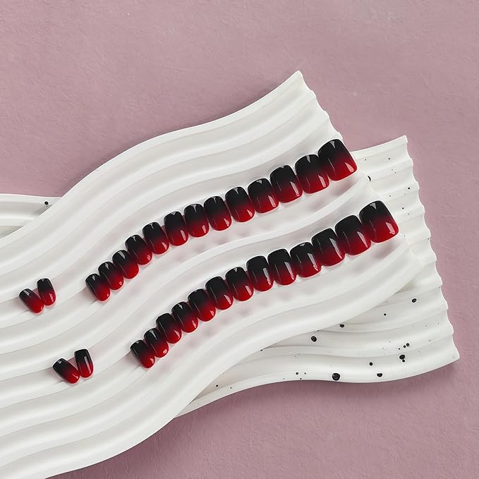KQueenest Ombre French Press on Nails Short Square, Dark Red Black Fake Nails Short Coffin, Gradient Color Acrylic Nails Press Ons, Soft Gel Glue on Nails for Women Christmas Decoration in 30 Pcs