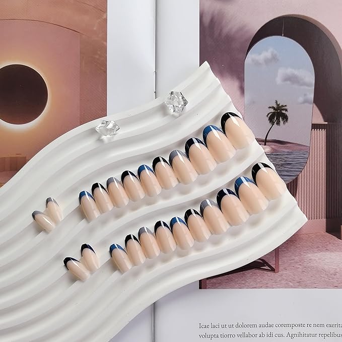 Colorful Blue French Tip Press on Nails Short Almond Nails Press ons, Short Fake Nails Almond Shaped Acrylic French Glue on Nails False Nail for Women, Natural Stiletto Nail 15 Sizes