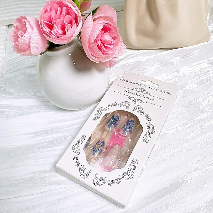 24 Pcs Summer Press on Nails Medium Almond Fake Nails with 3D Blue Flower Gold Beads Designs French Tip False Nails Beach Acrylic Nails Full Cover Stick on Nail for Women Nail Art Decoration