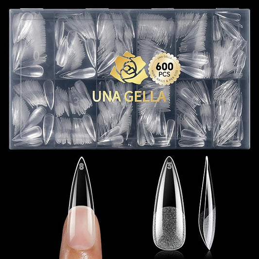 UNA GELLA Long Stiletto Gel Nail Tips, 600Pcs Pre Etched Long Stiletto Almond Nail Tips Clear Fake Nails Press on Nails No C Curve for DIY Christmas Art Salon at Home 12 Sizes