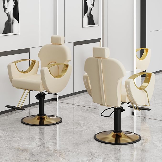 Barber Chair, Reclining Hair Salon Chair, 360 Degrees Swivel Styling Chair, Height Adjustable Hydraulic Shampoo Chairs, Spa Equipment (Off-White)