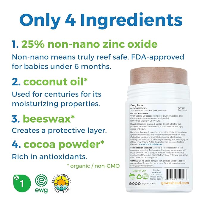 Waxhead Tinted Zinc Sunscreen Stick Face SPF 30 - Reef Safe Sunscreen, Tinted Zinc Oxide Stick Biodegradable, Waterproof, Skin Tone, Food-Grade, Non-Nano, Natural Non-Toxic Kids, Surfing (Tint, 3.7oz)