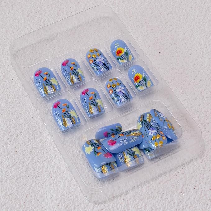Flowers Press on Nails Short Square Fake Nails Blue 3D Floral Acrylic Nails Spring False Nails Press ons Glossy Flower Glue on Nails Glitter Artificial Nails for Women Girls Manicure 24Pcs