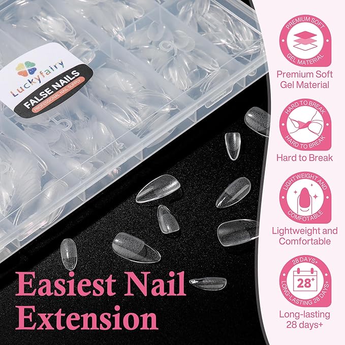Almond Nail Tips: 240pcs Pointed Almond Soft Gel Nail Tips, Pre-shape Short Nails, Half Matte Full Cover Clear Acrylic Fake Press On Nails for Nail Extension Home Nail Art 12 Sizes Gelly Tips