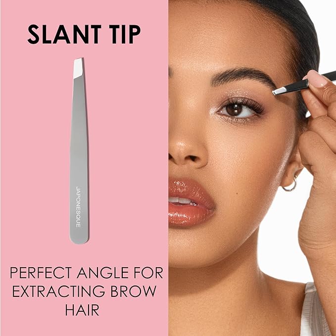 JAPONESQUE Slant and Point Tweezers Set, for Defining and Shaping Brows, Made with Hand-Sharpened Stainless, Ideal for Travel