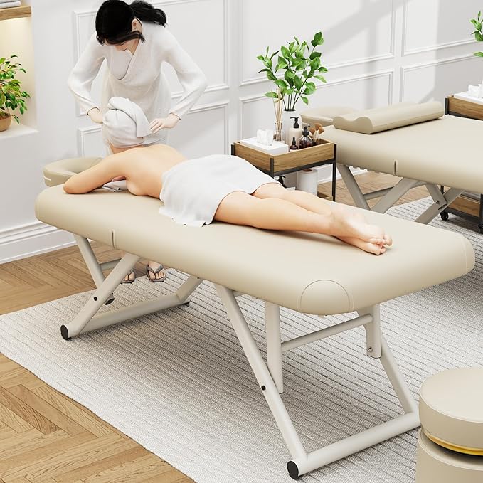 pouseayar Adjustable Massage Table with Face Pillow & Headrest, Sturdy and Solid, Silent and Easy to Adjust - Adjustable Backrest, Beige Gray