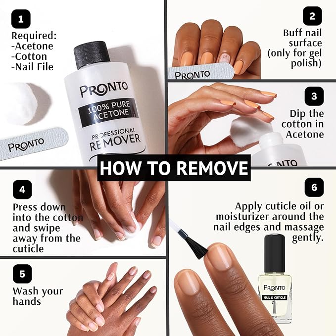 Pronto 16 Oz Acetone Nail Polish Remover and Nail Cuticle Oil Duo, 100 Percent Pure Acetone for Natural, Gel, Acrylic Nails, Cuticle Oil Drops for Repairing Damaged Cuticles and Nail Hydration