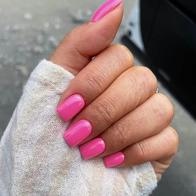 48Pcs Hot Pink Press on Nails Short Square Fake Nails, Neon Glue on Nails Gel Nails Press ons, Acrylic Nails Stick on False Nails for Women Natural Handmade Thick Extra Short Nails Small Petite