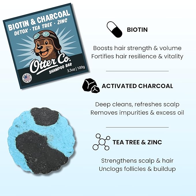 Otter co. Biotin Detox Shampoo Bar – Charcoal & Tea Tree Oil, Rosemary, Turmeric, Green Tea, Zinc – Vegan, Sulfate Free & Non Toxic – Women and Mens Shampoo, All Hair Types, Made in USA