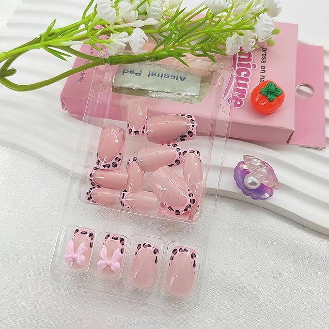 Medium Press on Nails Square Fake Nails with 3D Bow Designs Leopard French Tip Nails Press ons Glossy Glue on Nails Pink Acrylic Nails Cute False Nails Spring Stick on Nails for Women 24Pcs