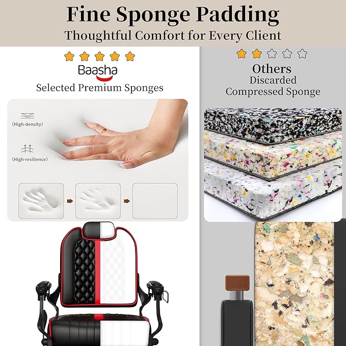 Baasha Professional Reclining Barber Chair with Adjustable Headrest, Hydraulic Heavy-Duty Base, Soft Upholstery & Thick Cushion, Tattoo & Hair Salon Chair, 550 lbs Capacity