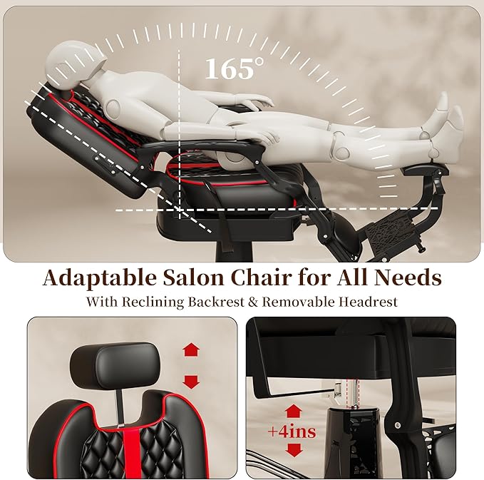 Baasha Professional Reclining Barber Chair with Adjustable Headrest, Hydraulic Heavy-Duty Base, Soft Upholstery & Thick Cushion, Tattoo & Hair Salon Chair, 550 lbs Capacity