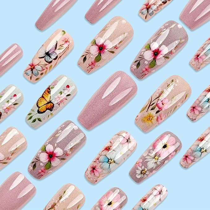 Spring Flower Press on Nails 24Pcs Butterfly Stick on Nails Medium Coffin Acrylic False Nails Glossy Colorful Flowers Fake Nails Rainbow Butterflies Gel Glue on Nails for Coquette Women Girls