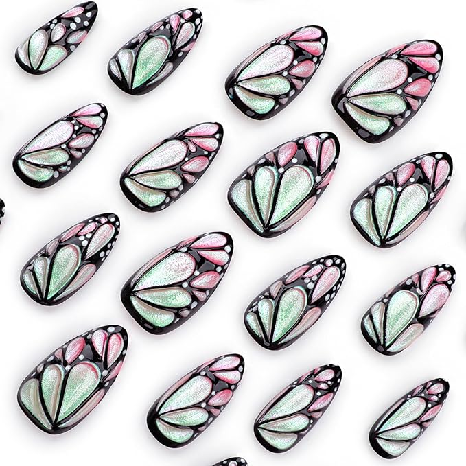 3D Butterfly Wing Press On Nails Almond - 24PCS Pink Iridescent Medium Fake Nails with Design, Glossy Reusable Stick On Nails for Women, Cute Nail Art for DIY, Party, Daily Wear
