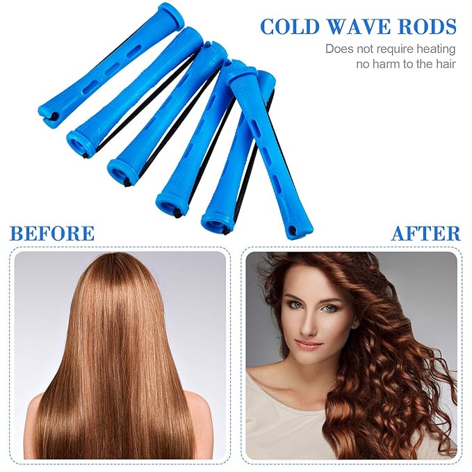 48 Pieces Hair Perm Rods Short Cold Wave Rods Plastic Perming Irons Hair Curling Rollers Curlers with Steel Pintail Comb Rat Tail Comb for Hairdressing Styling Supplies(0.35 Inch,Blue and Dark Blue)