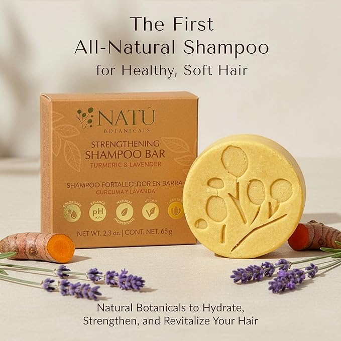NATÚ BOTANICALS Strengthening Solid Shampoo Bar – Turmeric & Lavender - Clarifying Shampoo with Tea Tree Oil For Scalp - Moisturizes, Strengthens & Soothes Hair & Scalp - Sulfate & Paraben-Free, 2.3oz