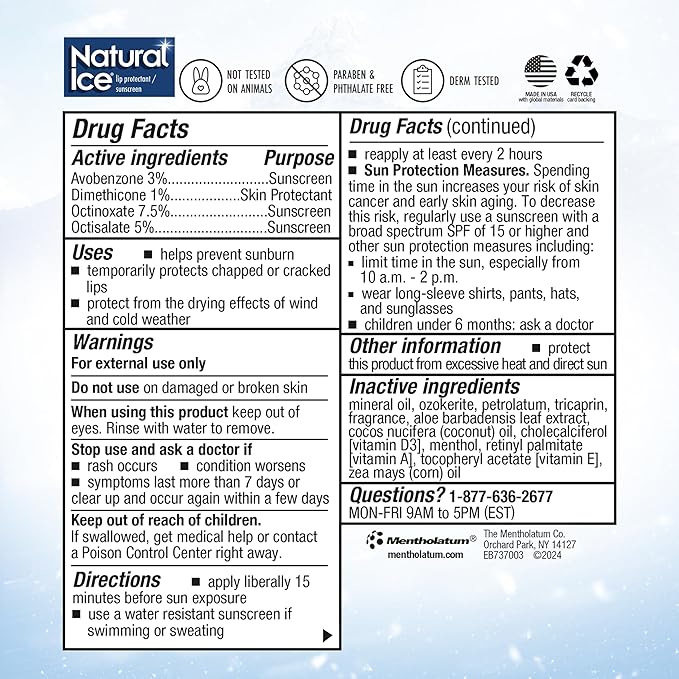 Mentholatum (R) Natural Ice (R) Sport Broad Spectrum SPF 30 Medicated Lip Balm - 12 Pack of 4.5 g Tubes