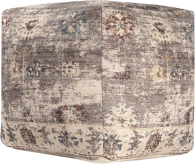 L. R. Resources, Inc. LR Home Vintage Floral Square Indoor Medium Pouf Ottoman, Taupe | Power-Loomed Polyester Footrest for Bedroom & Living Room Decor | 18 x 18 x 18 Filled Pouf for Seating