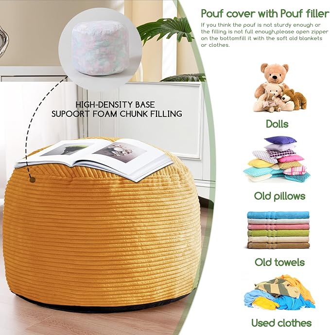 HIGOGOGO Round Stuffed Pouf Ottoman, Corduroy Poufs with Foam Chunk Filling, Furry and Fluffy Pouf Foot Stool Storage Ottoman, 20 X 15 Floor Poufs Foot Rest for Living Room, Orange