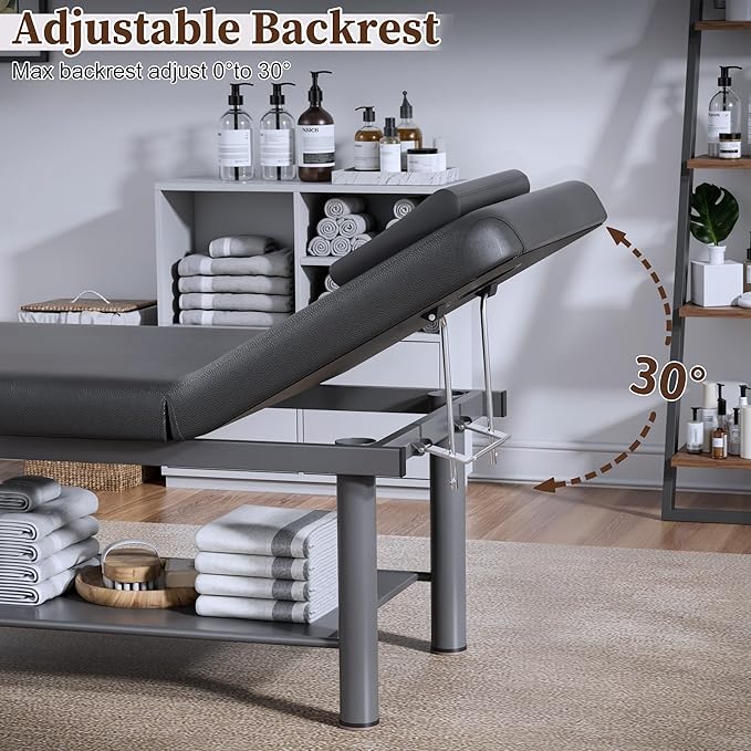 Olela Heavy Duty Stationary Massage Table with Adjustable Backrest, 31.5" Wide Professional Spa Facial & Therapy Bed, Metal Frame PU Leather Treatment Table for Salon & Clinic