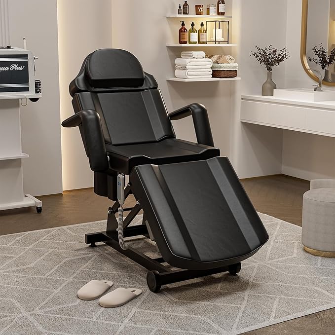 Icoget Electric Spa Tattoo Chair – Esthetician Bed for Lash Extensions, Facial, Waxing, Microblading, White Adjustable Massage Table with Remote Control, Black