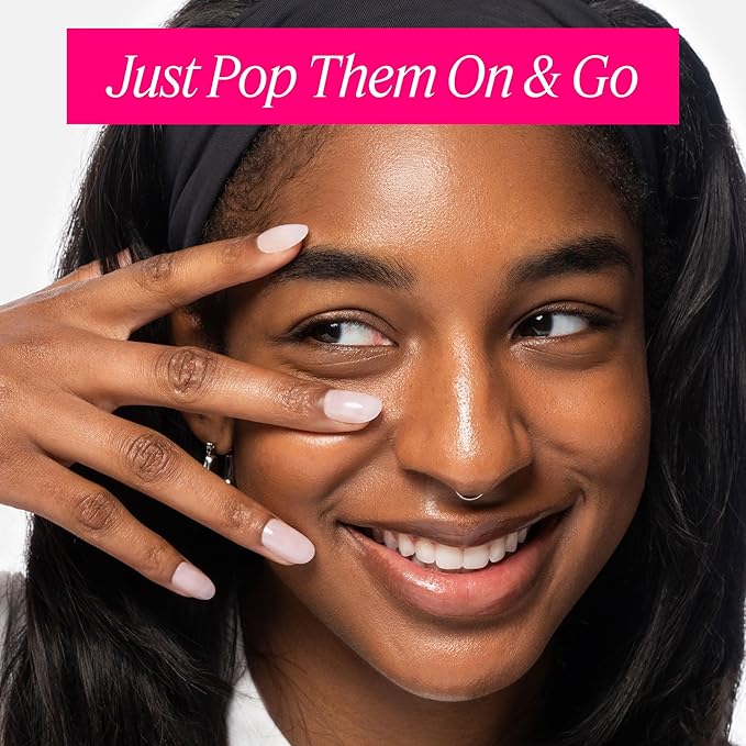 Nailboo Press On Nails, Salon-Quality Reusable Fake Nails for Fast DIY Manicure with Strong Hold Nail Glue for Press Ons, Nail File, & Alcohol Prep Pads, Here’s A Tip, Round