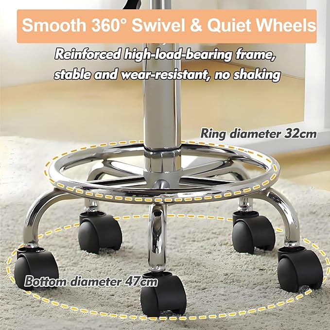 Urknall Round Rolling Stool on Wheels PU Leather - 400lb Capacity with Quiet Wheels, Ultra-Comfort Seat Stool with Wheels, 360° Swive Adjustable Height, for Salon Tattoo Work Home SPA Shop Use