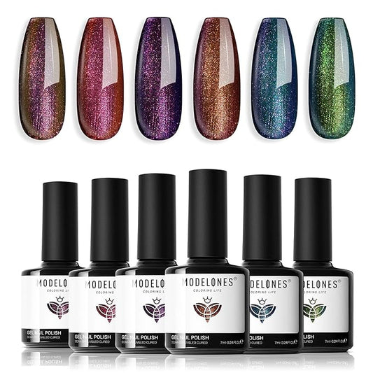 modelones Chameleon Gel Nail Polish Set - 6 Colors Fall Winter Aurora Gel Polish Kit Blue Green Purple Red Brown Glitter Gel Polish Soak Off LED Nail Lamp Gel Nail Kit Home Gift DIY Salon for Women