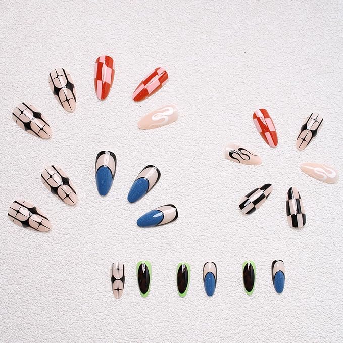 IMRAIN Press on Nails Medium Almond Fake Nails Glossy Glue on Nails Full Cover Black Blue Acrylic False Nails Stick on Nails for Women 24Pcs