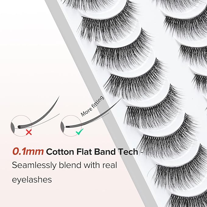 False Eyelashes Cat Eye Lashes Wispy 15mm Strip Eyelashes Thin Band Natural Lashes Fluffy Eyelashes Siligli Lashes Pack Fake Lashes 3D Volume Curly Eyelash 10 Pair