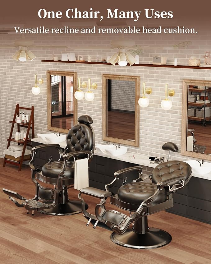 Baasha Classic All-Black Barber Chair, Retro Reclining Salon Chair with Thick Padding & Adjustable Headrest, Heavy-Duty Construction, Tattoo & Hair Chair