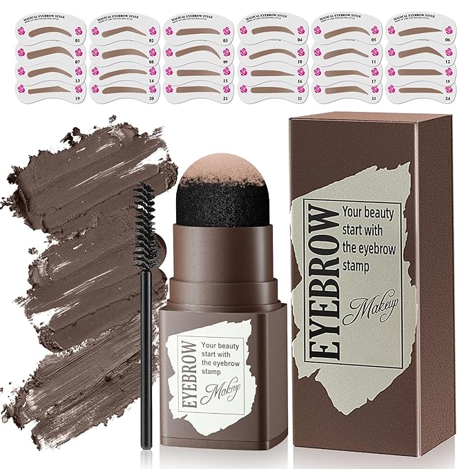 Eyebrow Stamp Stencil Kit - 24PCS Eyebrow Stencils for Perfect Brow, Eyebrow Stamp Long-lasting Waterproof & Smudge-Proof, Eyebrow Kit with Eyebrow Brush for Thin & Thick Brow (Black Brown)