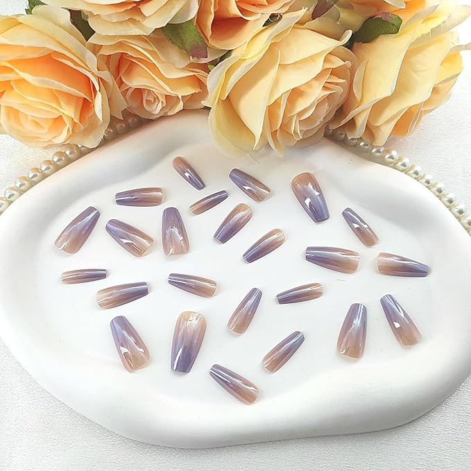 Coffin Press on Nails Medium Fake Nails with Light Purple Gradient Design Coffin Nails Press ons Chrome False Nails Nude Full Cover Glue on Nails Glossy Artificial Stick on Nails for Women 24Pcs
