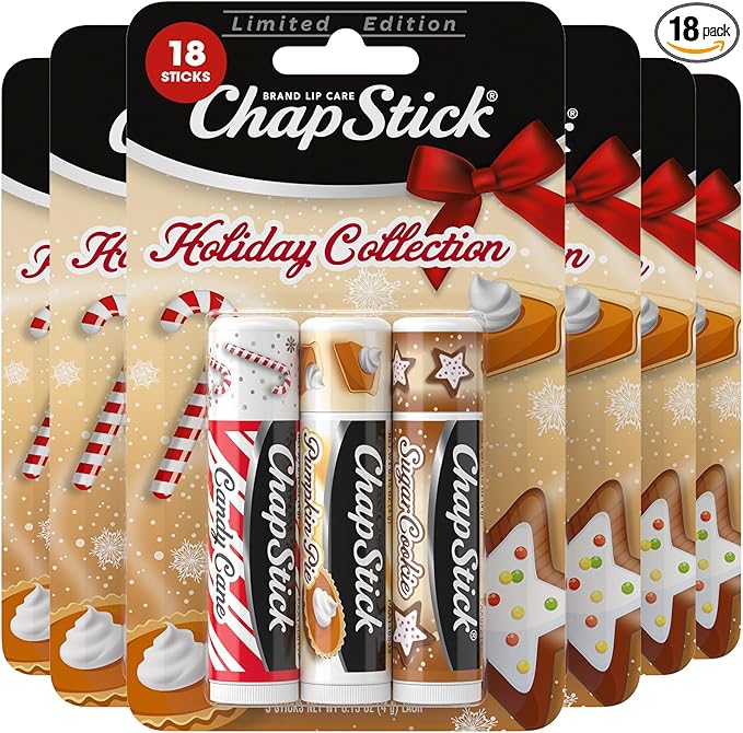 ChapStick Holiday Collection - Candy Cane, Pumpkin Pie & Sugar Cookie Flavors - Blister Pack of 3 Sticks 0.15 Each - Pack of 6 = 18 Sticks, Great Holiday Gift 3 Count (Pack of 6)