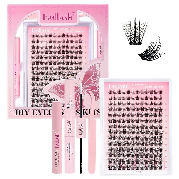 FADLASH Lash Clusters Kit Individual Lash Extensiones Wispy Faux Mink 10-16mm DIY Eyelash Extension Kit Eyelash Clusters Lashes with Bond and Seal and Remover Lash Tweezer for Self Use（AD17-D-10-16)
