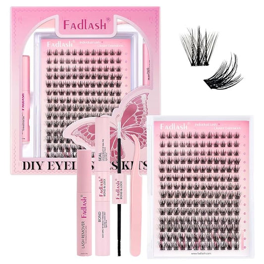 FADLASH Lash Clusters Kit Individual Lash Extensiones Wispy Faux Mink 10-16mm DIY Eyelash Extension Kit Eyelash Clusters Lashes with Bond and Seal and Remover Lash Tweezer for Self Use（AD17-D-10-16)
