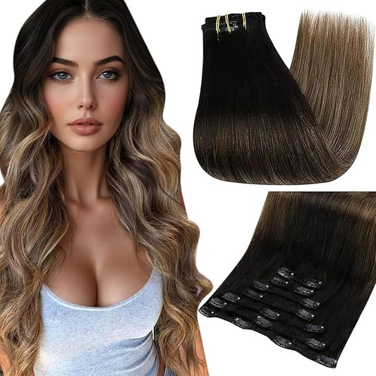 Full Shine Clip in Hair Extensions Real Human Hair Black Ombre Natural Black to Light Brown Mix Honey Blonde Human Hair Extensions Clip ins Balayage 120 G 7 Pcs 22 Inch