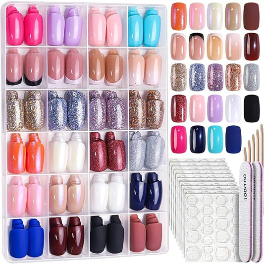 FANDAMEI 24 Colors 576 PCS Press On Nails, Coffin False Nails Medium Square, Full Cover Fake Nails, Pearl Gloss French Tips, Glitter, Glossy, Matte for Nail Art DIY