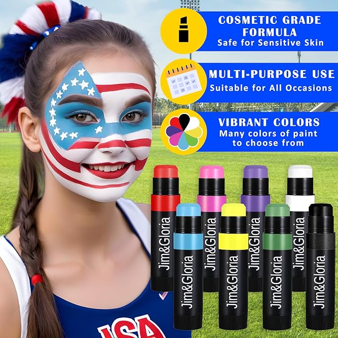 Jim&Gloria Water Resistant Under Eye Black Stick Sports Face Paint Body Markers Makeup Athletes Softball Stuff Lacrosse Baseball Drip Football Gear Game Accessories Gift 8 Colors Eyeblack Painting Kit