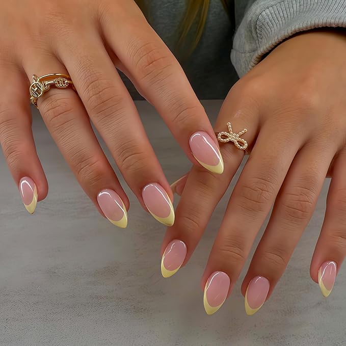 30 Pcs Yellow French Tip Press on Nails Short Almond, Acrylic Fake Nails with Glue Medium Stiletto Shape, Acrylic Natural Glue on Nails for Women, 15 Sizes