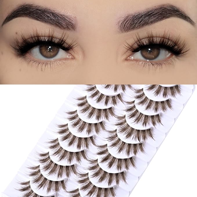 FARRED Brown Lashes False Eyelashes Natural Lashes Short Wispy Mink Eye Lash Fluffy Wispies Eyelash Natural Look 10 Pairs Fake Lashes Pack Volume Lash Strips Pestañas